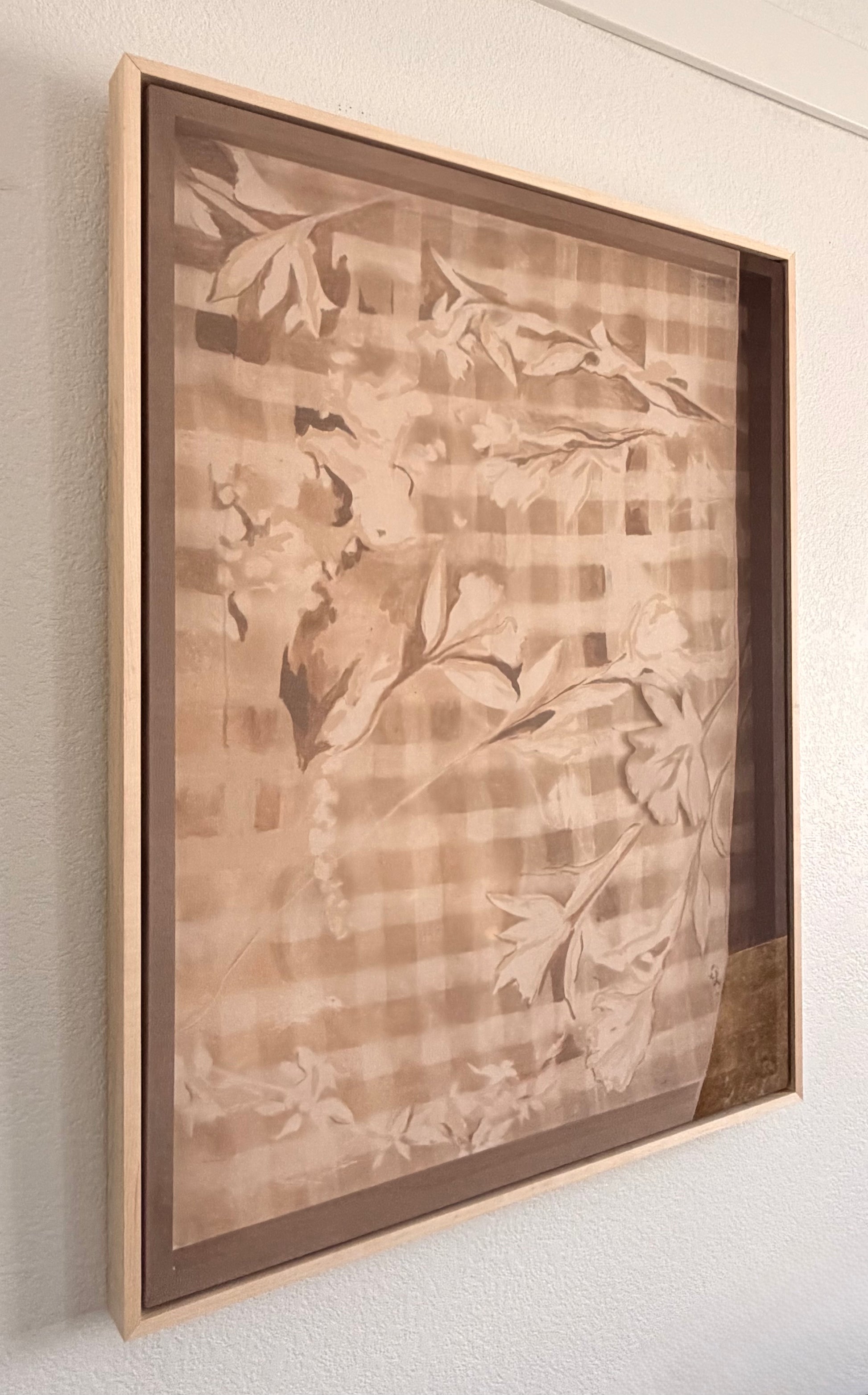 Softer Still by Kristen Abbott — original cyanotype and mixed media on paper with sewn silk textiles, 32×42×2 in, framed. Midnight Gallery.