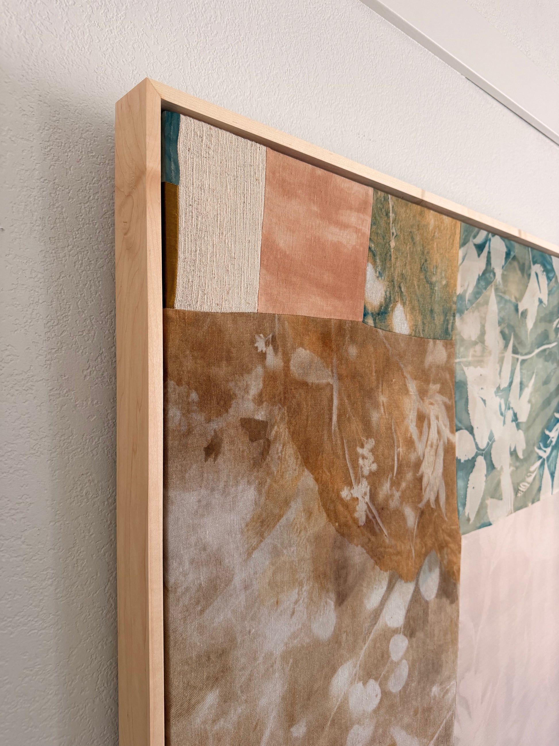 Stubborn Joy by Kristen Abbott — original cyanotype and mixed media on silk, linen, and paper, 42×42×2 in, framed. Midnight Gallery.