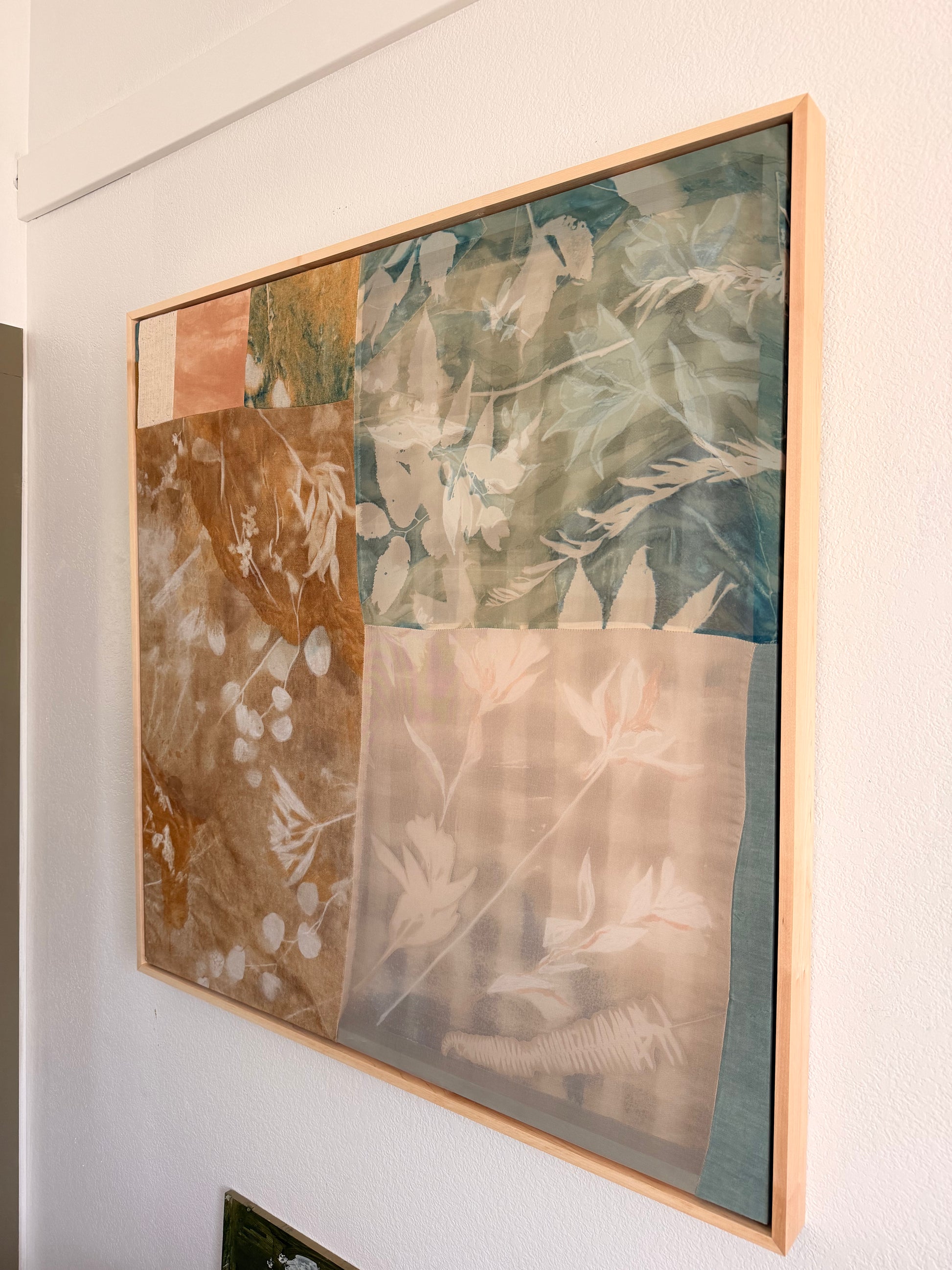 Stubborn Joy by Kristen Abbott — original cyanotype and mixed media on silk, linen, and paper, 42×42×2 in, framed. Midnight Gallery.
