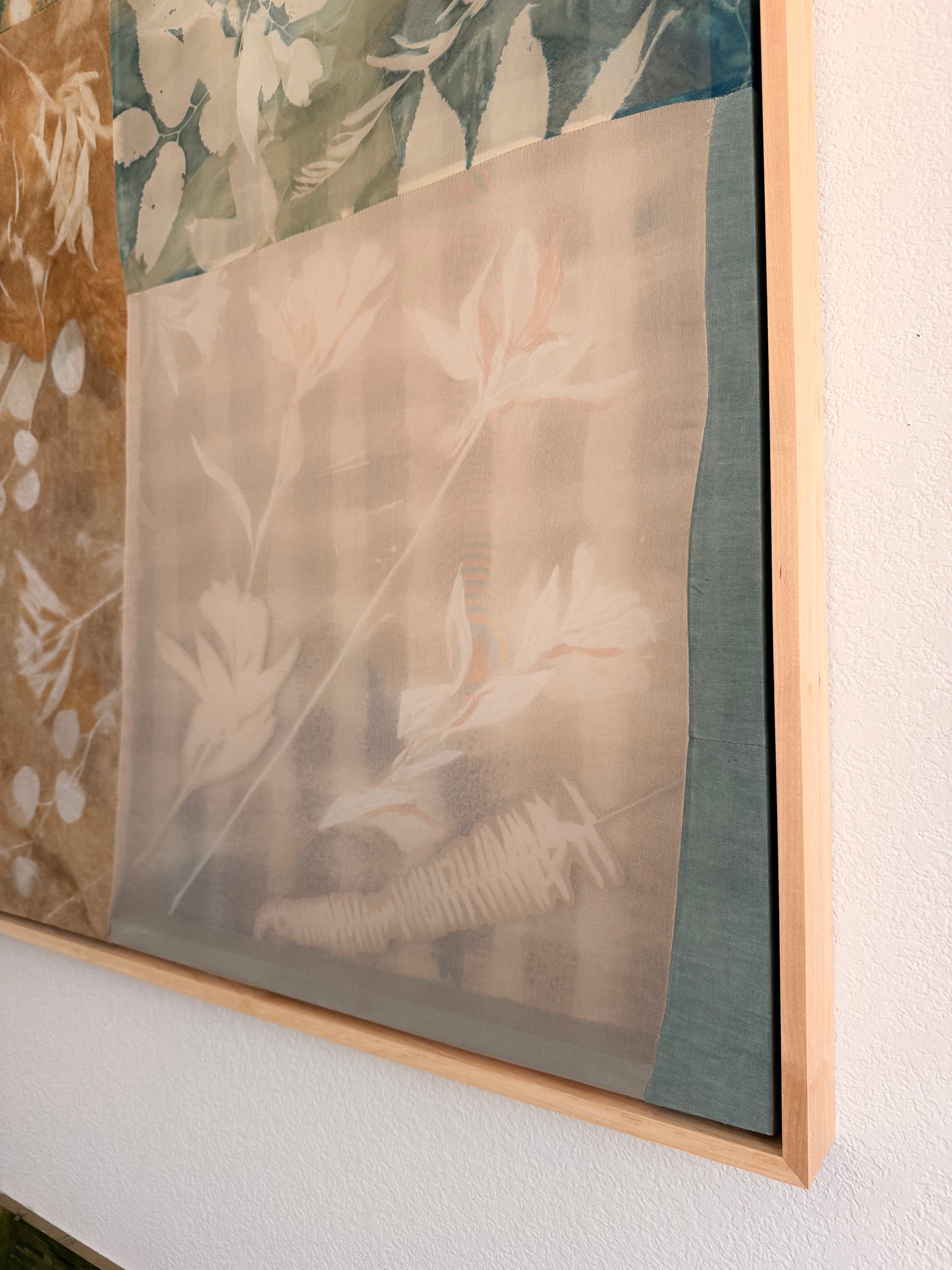 Stubborn Joy by Kristen Abbott — original cyanotype and mixed media on silk, linen, and paper, 42×42×2 in, framed. Midnight Gallery.