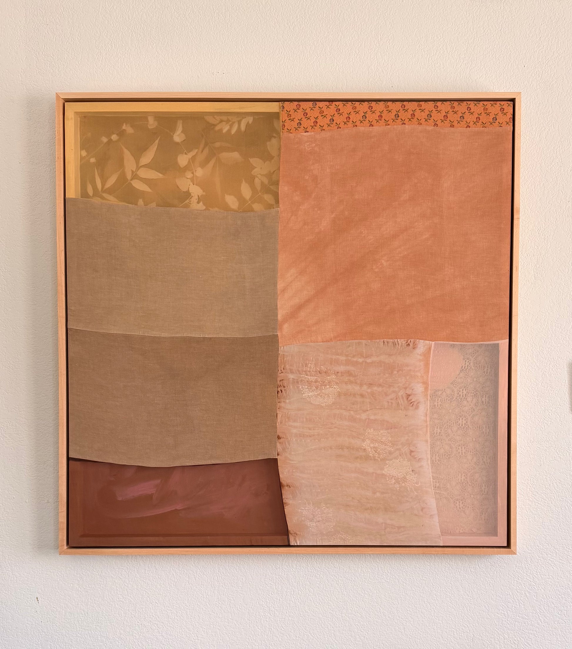 The Virtue of Inquisitiveness by Kristen Abbott — original cyanotype and sewn textiles on cradled wood panel, 42×42×2 in, framed. Midnight Gallery.