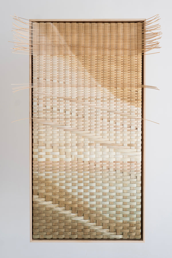 Valley III by Emily Ridings — original reed and tung oil, 18.5×36.5 in, framed in maple float frame. Midnight Gallery.