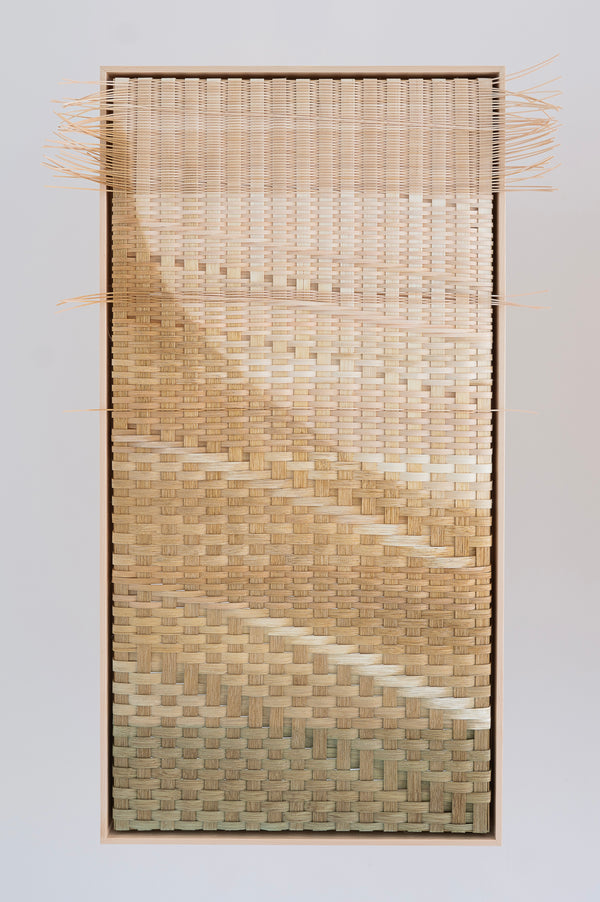 Valley I by Emily Ridings — original reed and tung oil, 18.5×36.5 in, framed in maple float frame. Midnight Gallery.